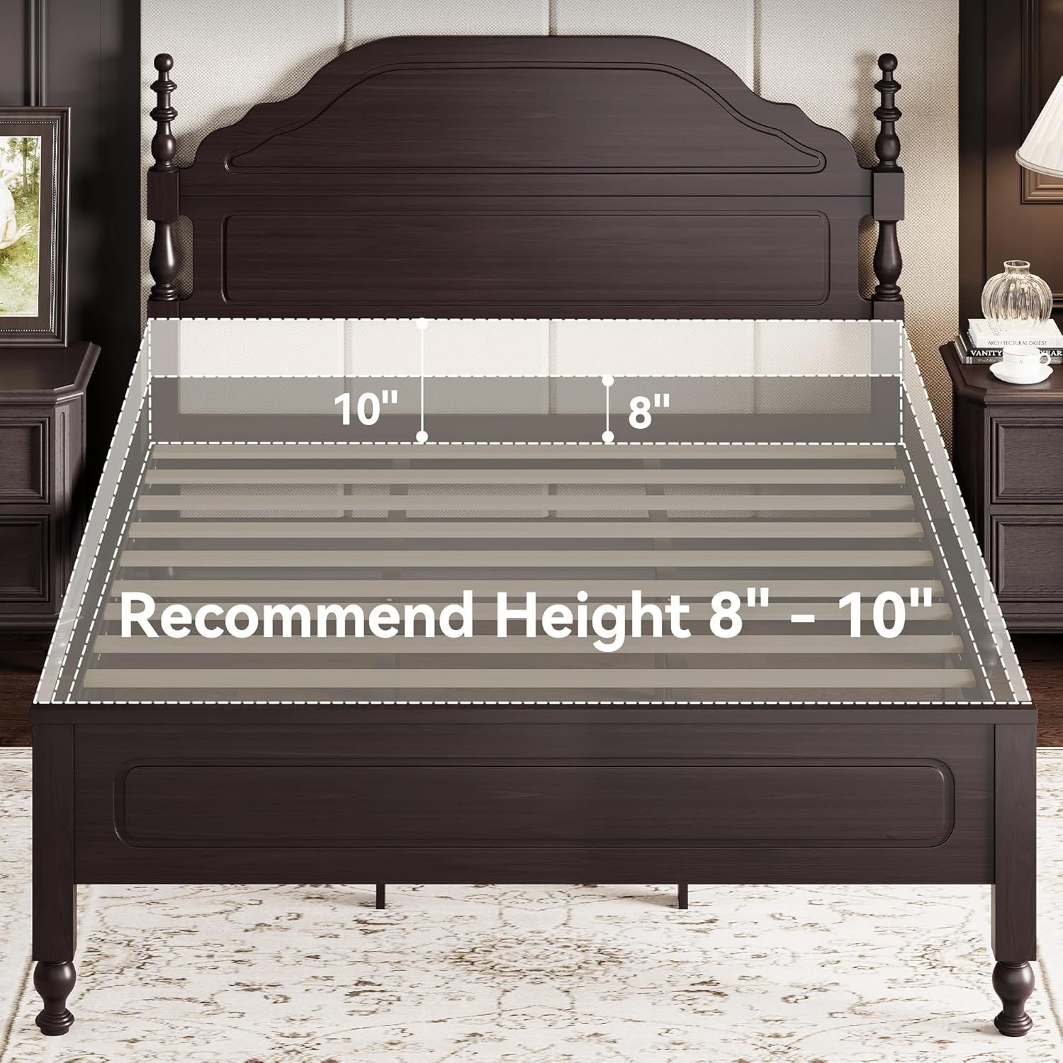 BedsPick Solid Wood Bed Frame Queen Size, Wooden Retro Style Platform Bed Frame with Headboard and Footboard