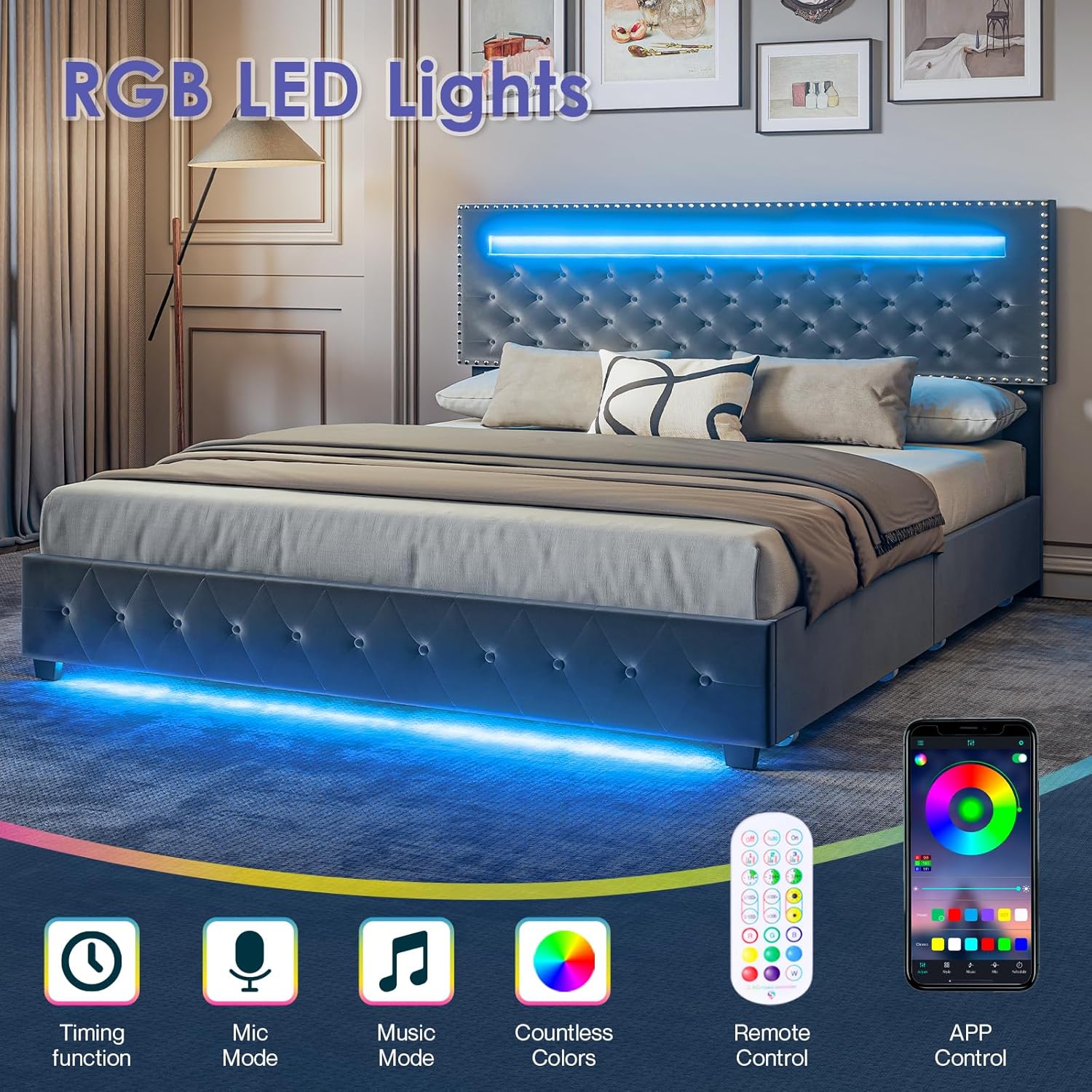 BedsPick King Size Bed Frame with LED Lights