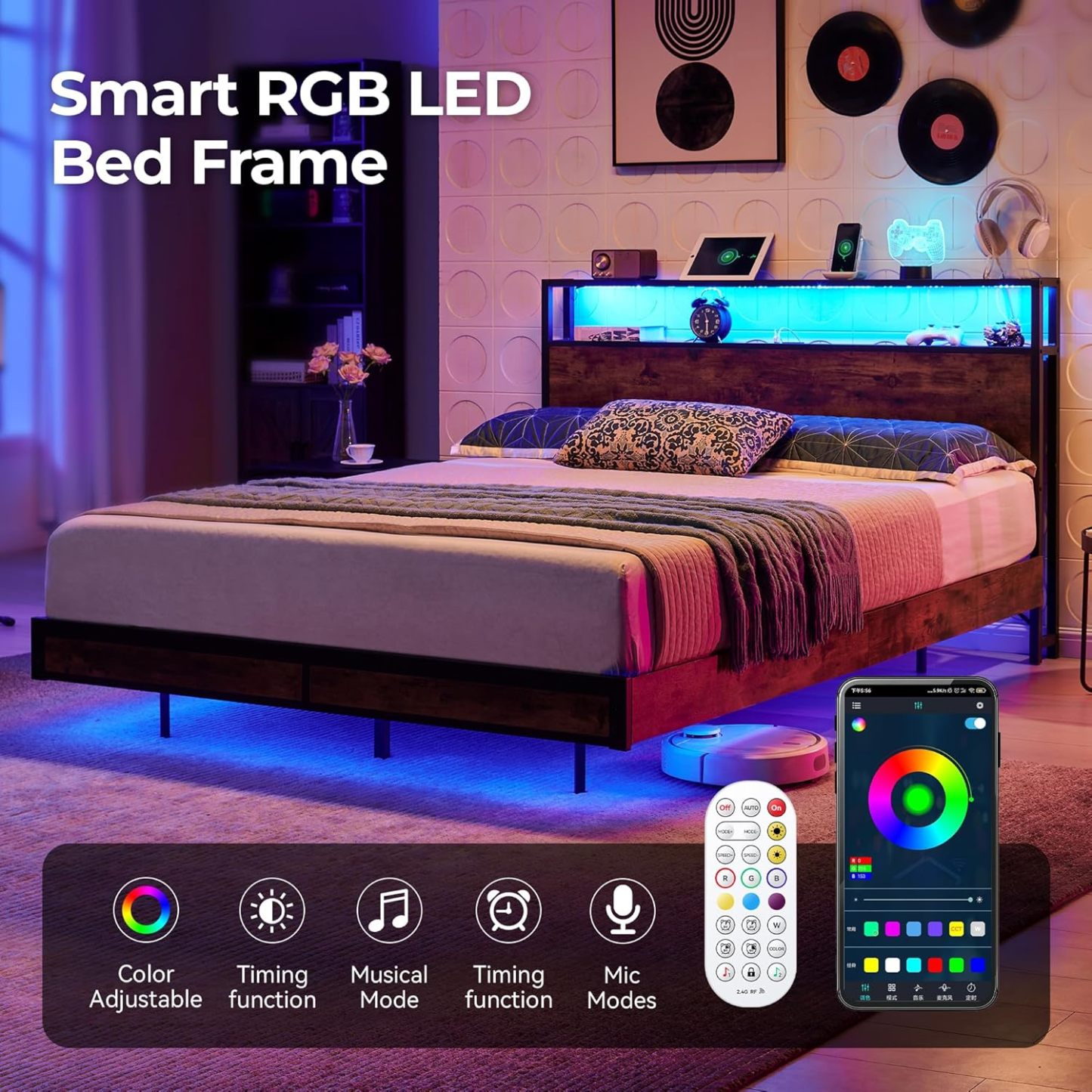 BedsPick Bed Frame with 2-Tier Storage Headboard