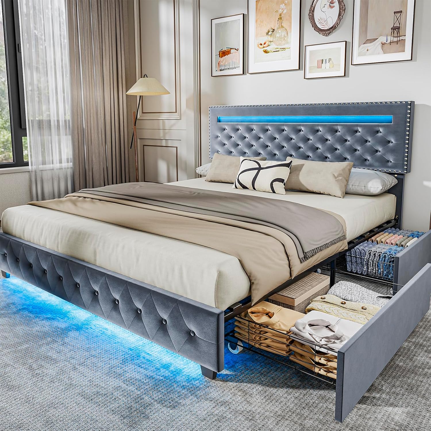 BedsPick King Size Bed Frame with LED Lights