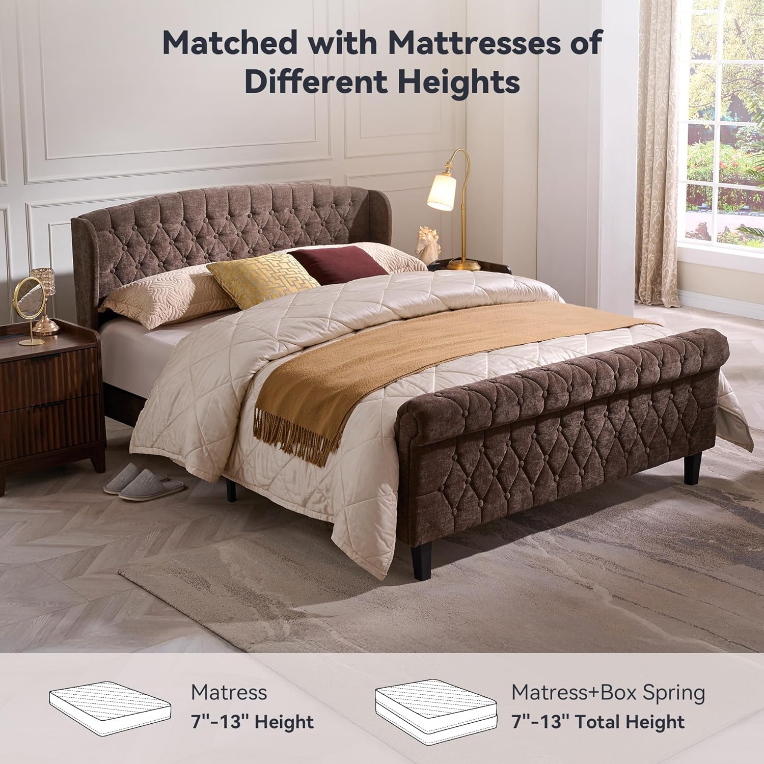 BedsPick Full Size Bed Frame Sleigh with Wingback Headboard, Fully Upholstered Bed Frame Full Size with Deep Button Tufted Scroll Footboard-Bedspick