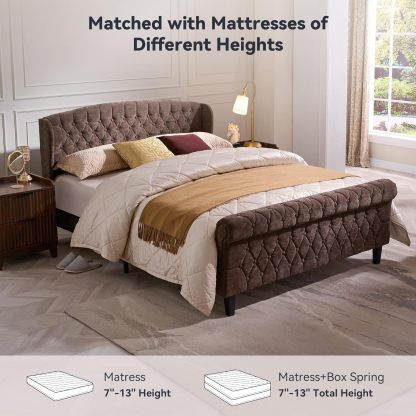 BedsPick Full Size Bed Frame Sleigh with Wingback Headboard, Fully Upholstered Bed Frame Full Size with Deep Button Tufted Scroll Footboard-Bedspick