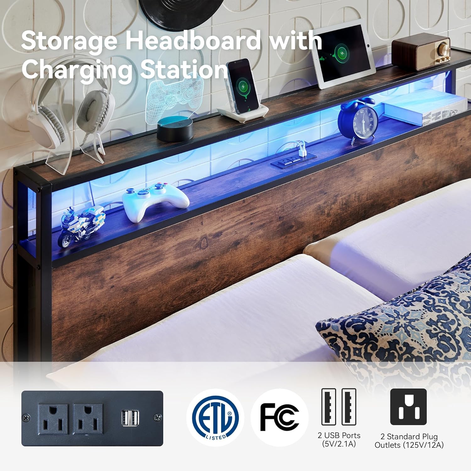 BedsPick Bed Frame with 2-Tier Storage Headboard