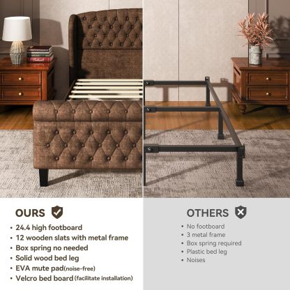 BedsPick Full Size Bed Frame Sleigh with Wingback Headboard, Fully Upholstered Bed Frame Full Size with Deep Button Tufted Scroll Footboard-Bedspick