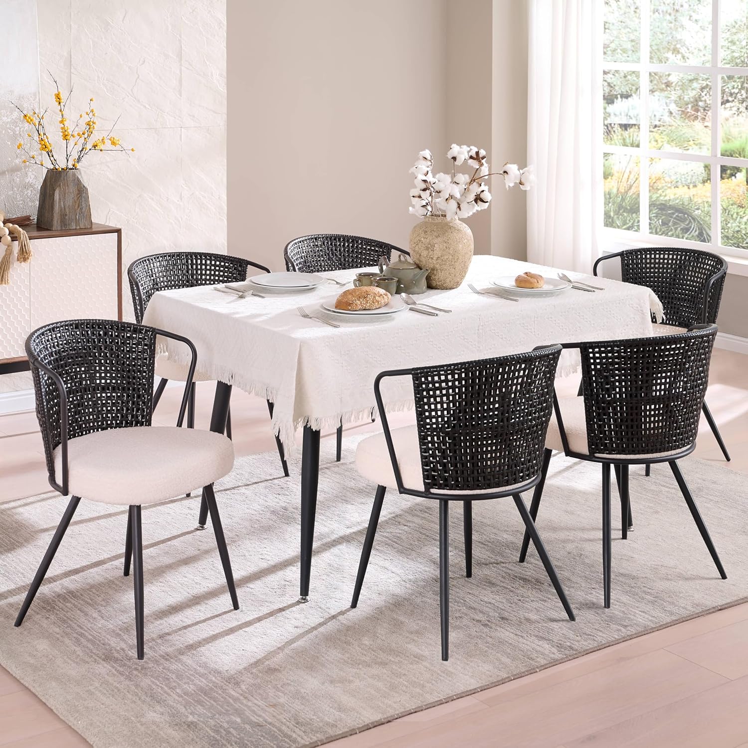 BedsPick Rattan Dining Chair - Farmhouse Upholstered Cane Back Kitchen Chair with Lamb Fleece Fabric Cushion, Wingback Dining Room Seat with Metal Legs for Home, Kitchen-Bedspick