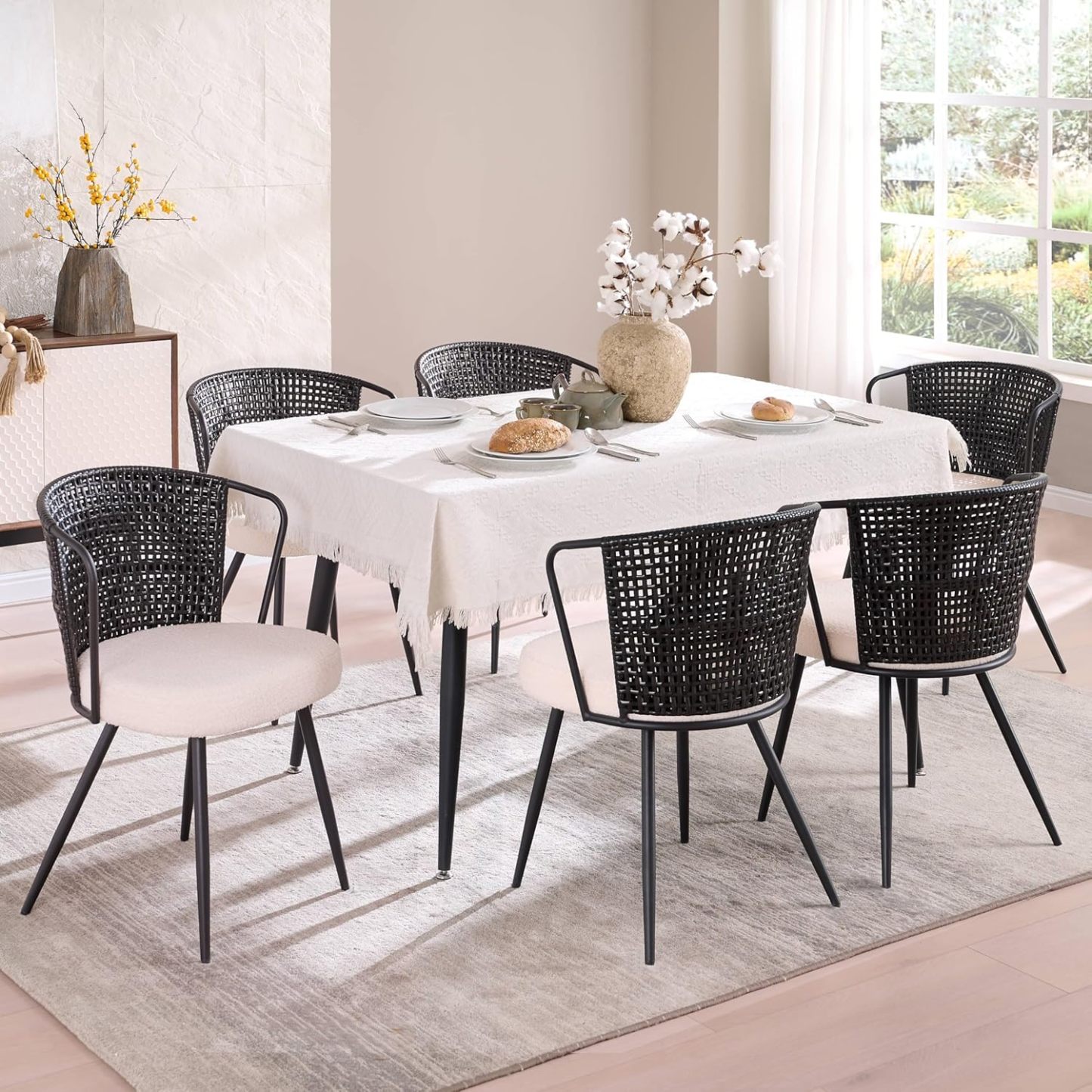 BedsPick Rattan Dining Chair - Farmhouse Upholstered Cane Back Kitchen Chair with Lamb Fleece Fabric Cushion, Wingback Dining Room Seat with Metal Legs for Home, Kitchen-Bedspick