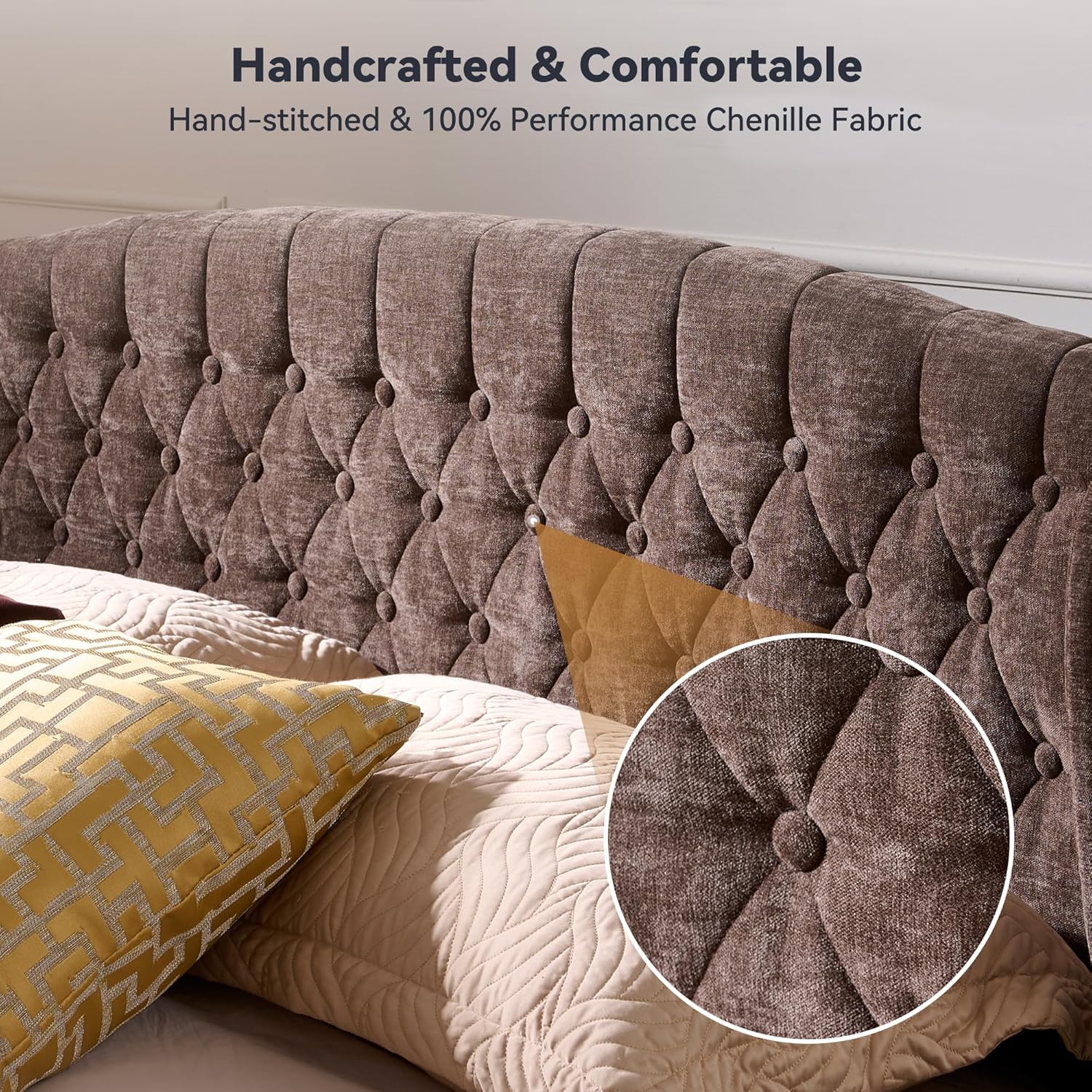 BedsPick Full Size Bed Frame Sleigh with Wingback Headboard, Fully Upholstered Bed Frame Full Size with Deep Button Tufted Scroll Footboard-Bedspick