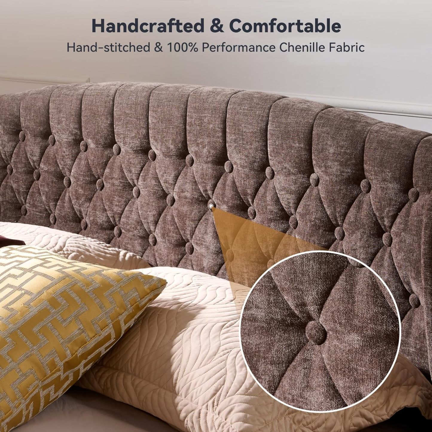 BedsPick Full Size Bed Frame Sleigh with Wingback Headboard, Fully Upholstered Bed Frame Full Size with Deep Button Tufted Scroll Footboard-Bedspick