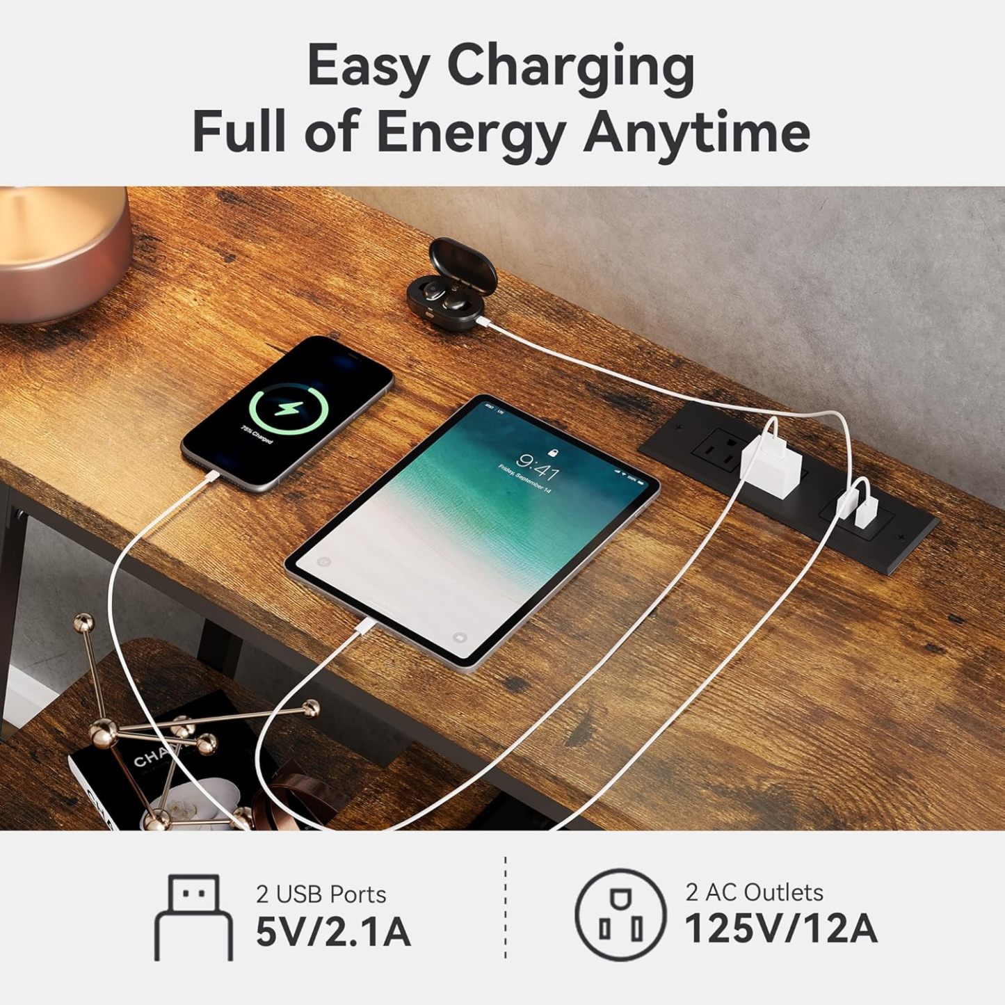 BedsPick 47.3" Console Table with Outlet, Entryway Table with 4-Tier Storage Shelves for Entryway