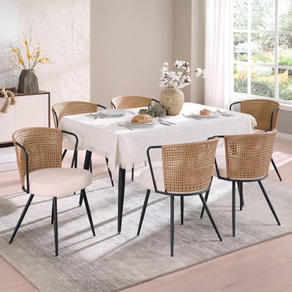 BedsPick Rattan Dining Chair - Farmhouse Upholstered Cane Back Kitchen Chair with Lamb Fleece Fabric Cushion, Wingback Dining Room Seat with Metal Legs for Home, Kitchen-Bedspick