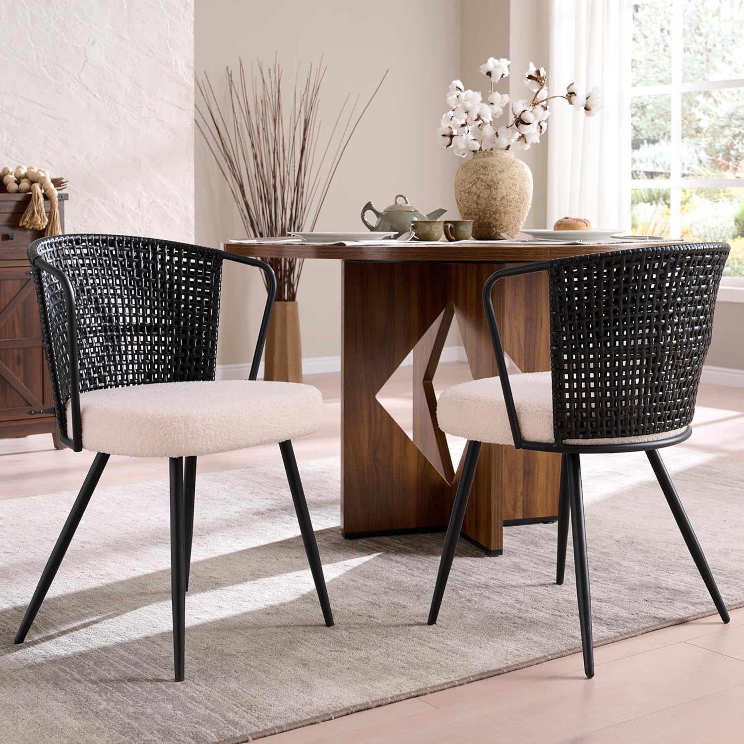 BedsPick Rattan Dining Chair - Farmhouse Upholstered Cane Back Kitchen Chair with Lamb Fleece Fabric Cushion, Wingback Dining Room Seat with Metal Legs for Home, Kitchen-Bedspick