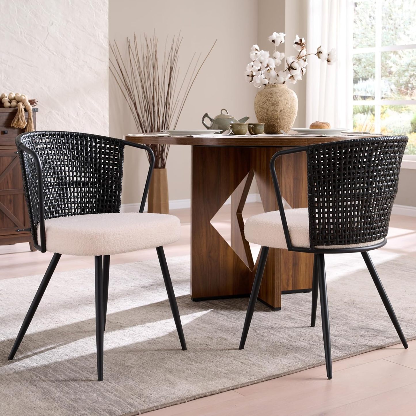 BedsPick Rattan Dining Chair - Farmhouse Upholstered Cane Back Kitchen Chair with Lamb Fleece Fabric Cushion, Wingback Dining Room Seat with Metal Legs for Home, Kitchen-Bedspick