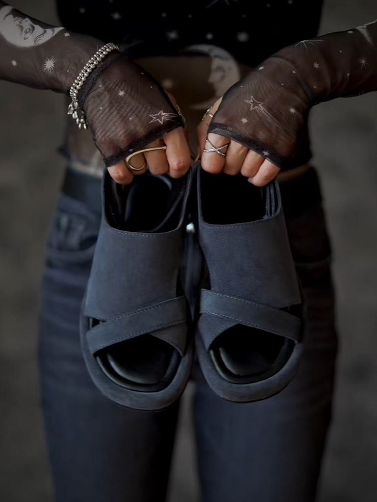 Elegant Classic Black Cross Wide Strap Casual Shoes