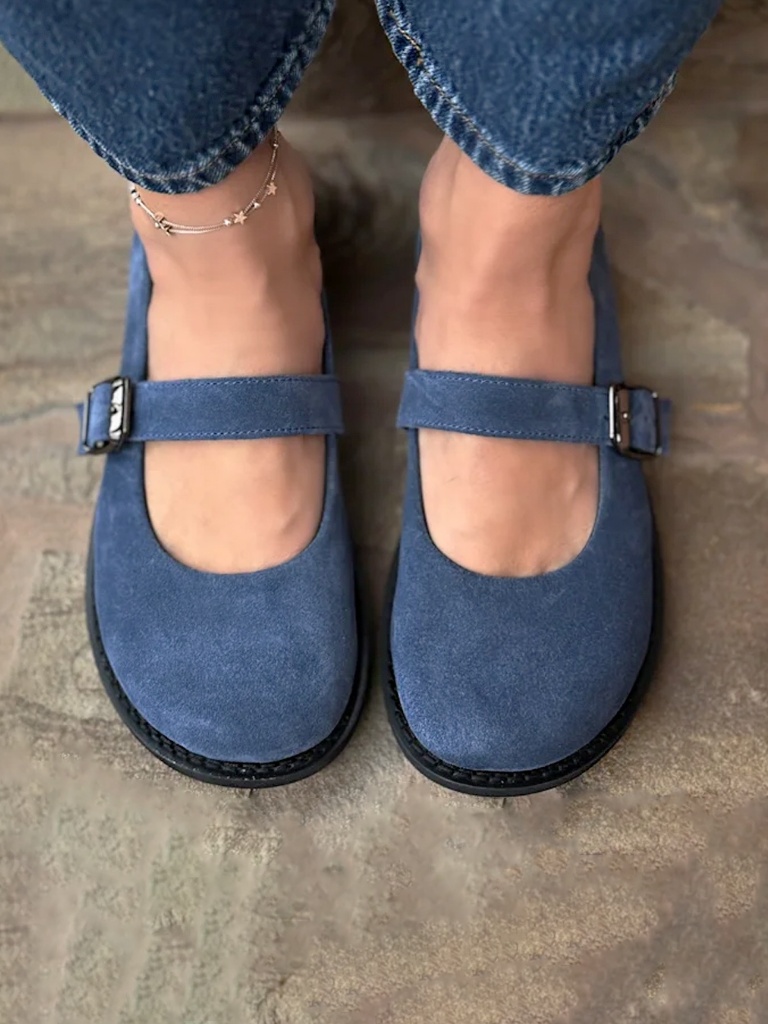 Elegant Deep Sea Blue Round Toe Buckle Strap Casual Shoes