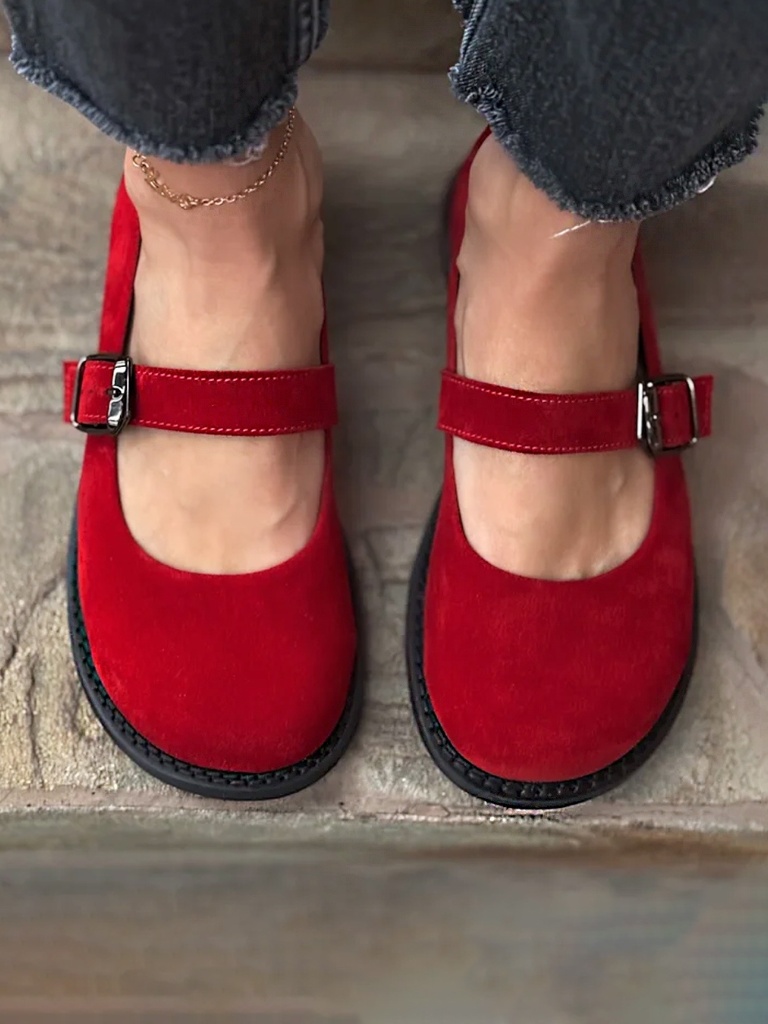 Red Flame Round Toe Buckle Strap Casual Shoes