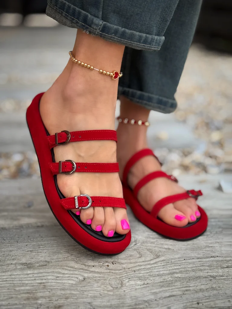 Red Flame Triple Row Slim Strap Lock Buckle Casual Shoes