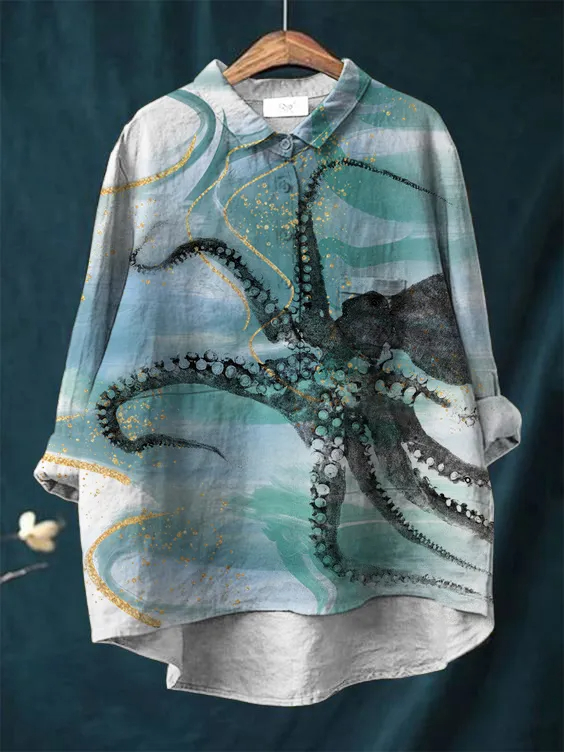 Women's GreenOctopus Art Print Casual Cotton And Linen Shirt