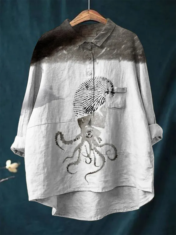 Women's Octopus Art Print Casual Cotton And Linen Shirt