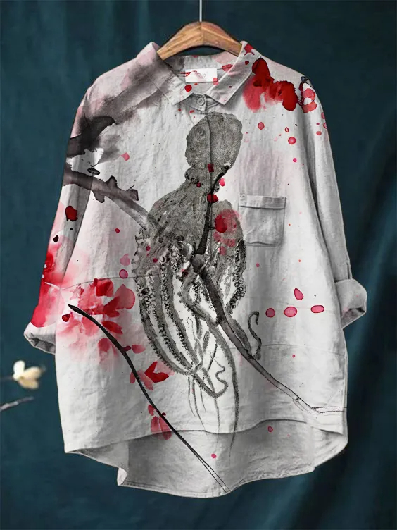 Women's Plum Octopus Art Print Casual Cotton And Linen Shirt-3