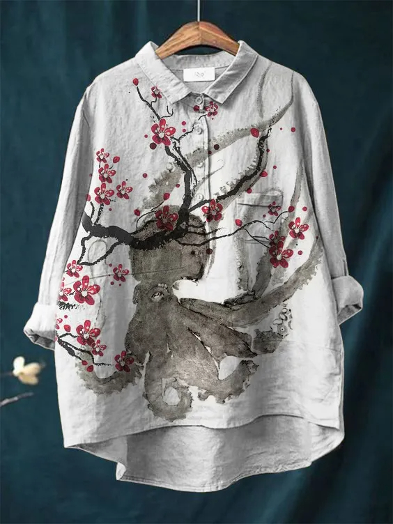 Women's Plum Octopus Art Print Casual Cotton And Linen Shirt