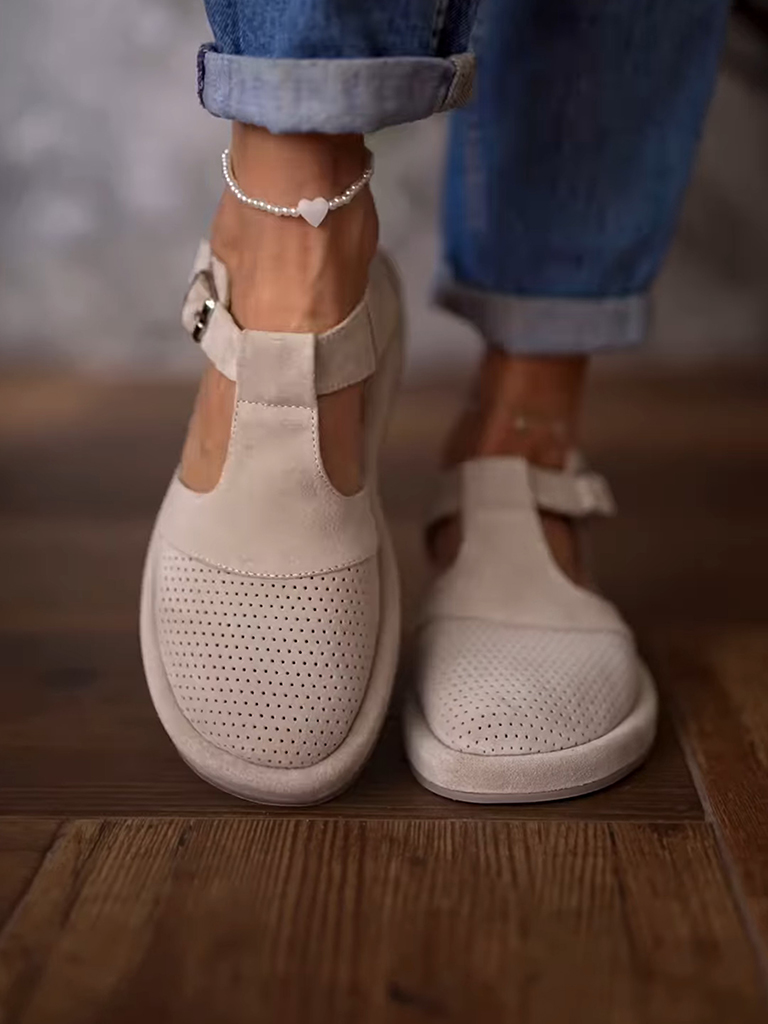 Almond White Round Toe Perforated Casual Shoes