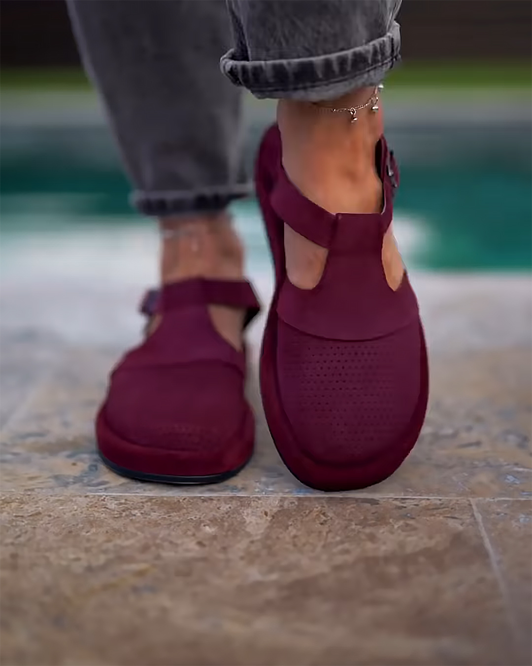 Red Velvet Rose Round Toe Perforated Casual Shoes