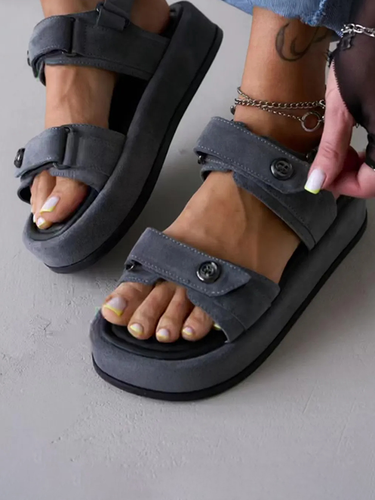 Pinecone Black Double Strap Velcro Metal Button Casual Sandals