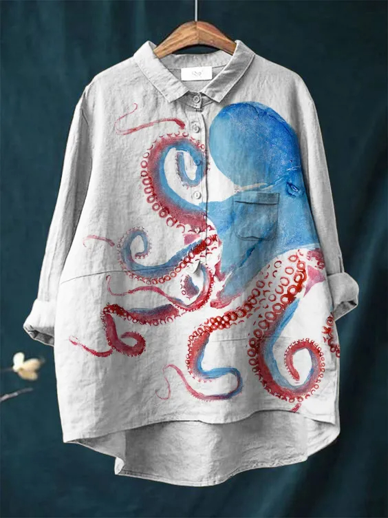 Women's Blue Octopus Art Print Casual Cotton And Linen Shirt