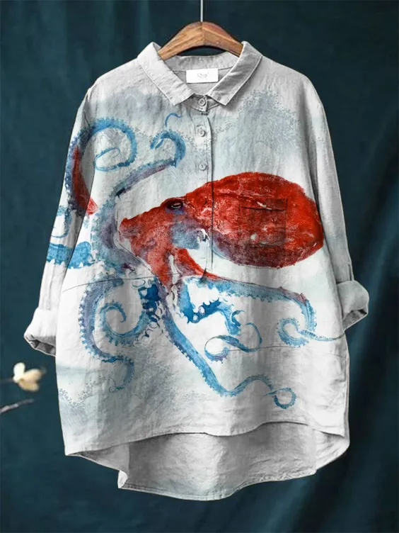[Copy]Women's Red Octopus Art Print Casual Cotton And Linen Shirt
