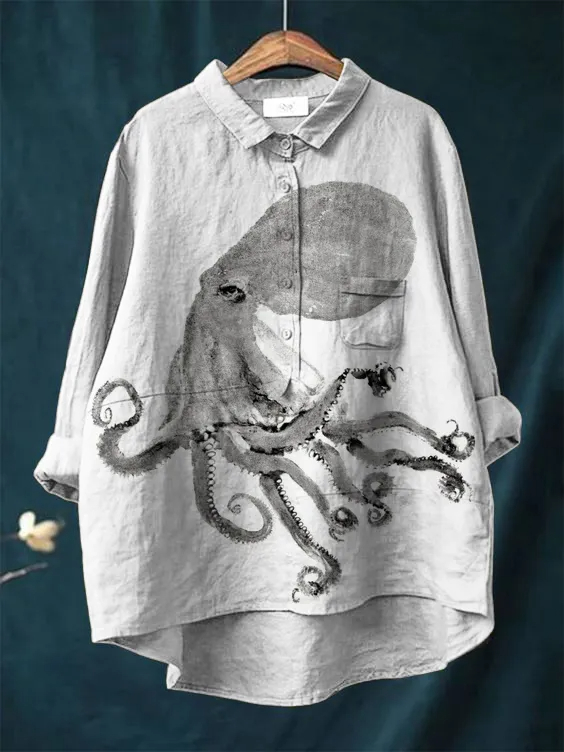 Women's Crooked Octopus Art Print Casual Cotton And Linen Shirt