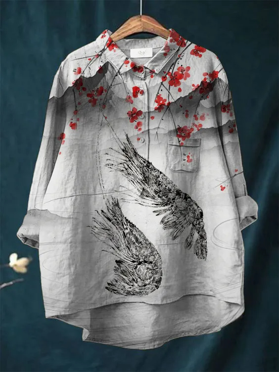 Women's Plum Blossom Lobster Art Print Casual Cotton And Linen Shirt