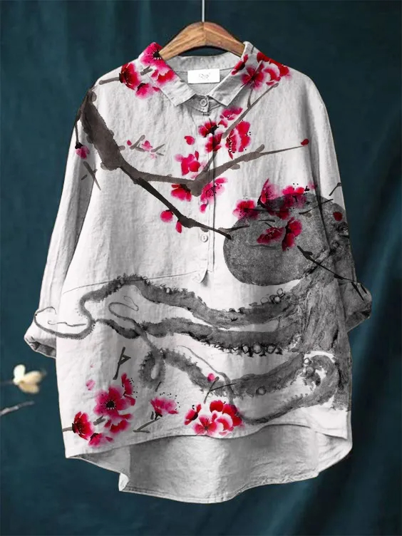 Women's Flower Octopus Art Print Casual Cotton And Linen Shirt