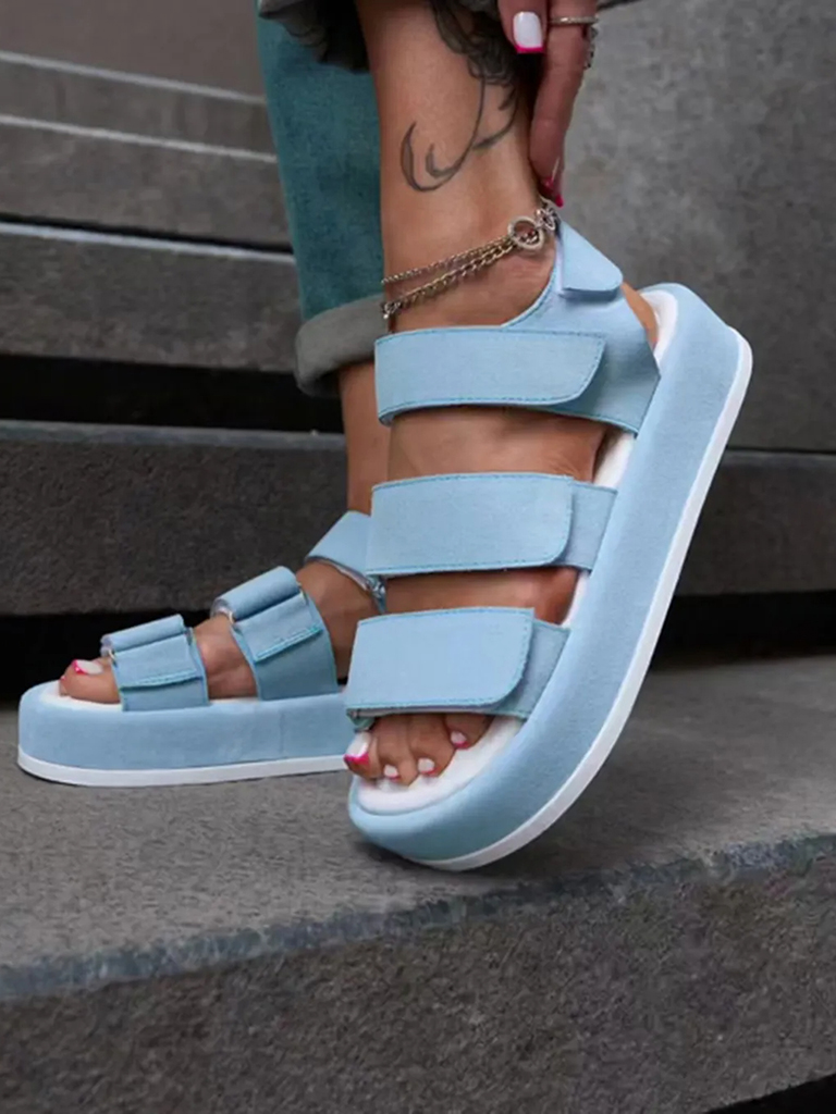 Glacier Blue Triple Strap Velcro Casual Sandals
