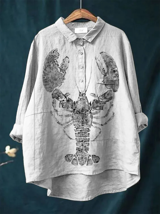 Women's Lobster Art Print Casual Cotton And Linen Shirt
