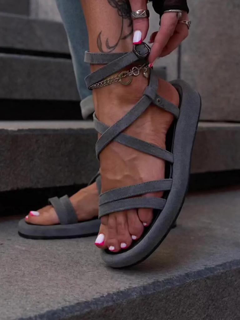 Pinecone Black Thin Strap Ballet Cross Casual Sandals