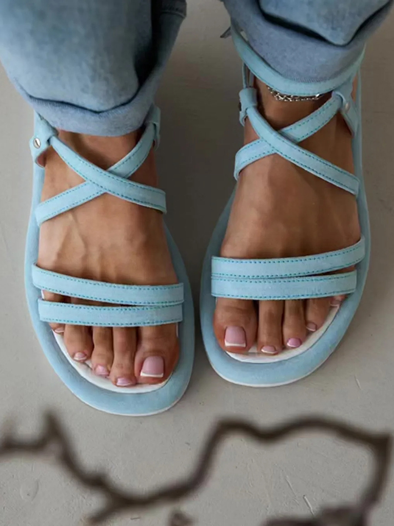 Glacier Blue Thin Strap Ballet Cross Casual Sandals