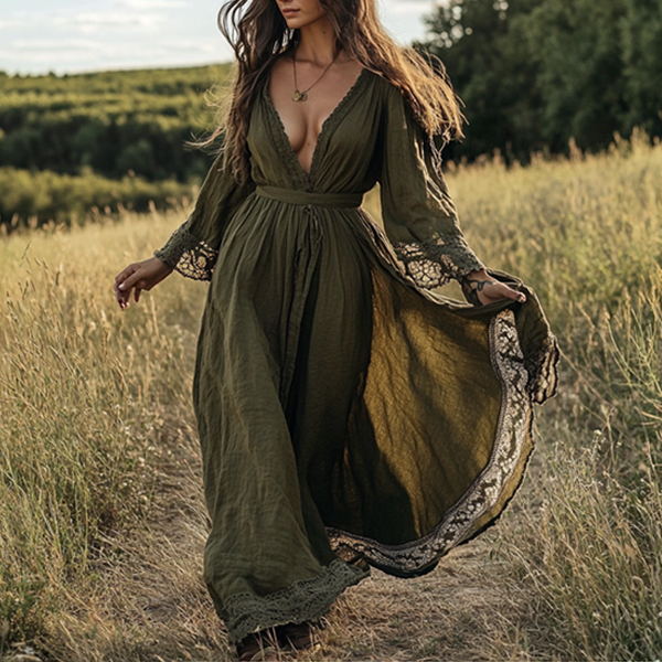 Ladies Vintage Hollow Lace Splicing Cotton And Linen V-neck Olive Green Rustic Boho Dress