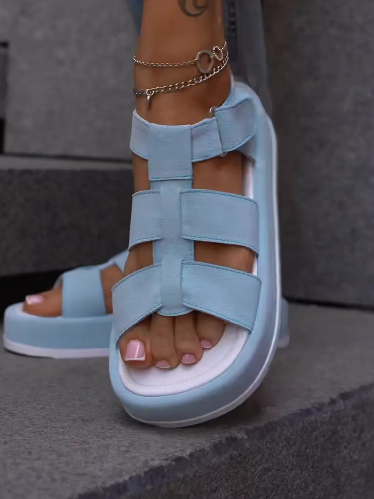 Glacier Blue Three Strap Buckle Cross Velcro Casual Sandals