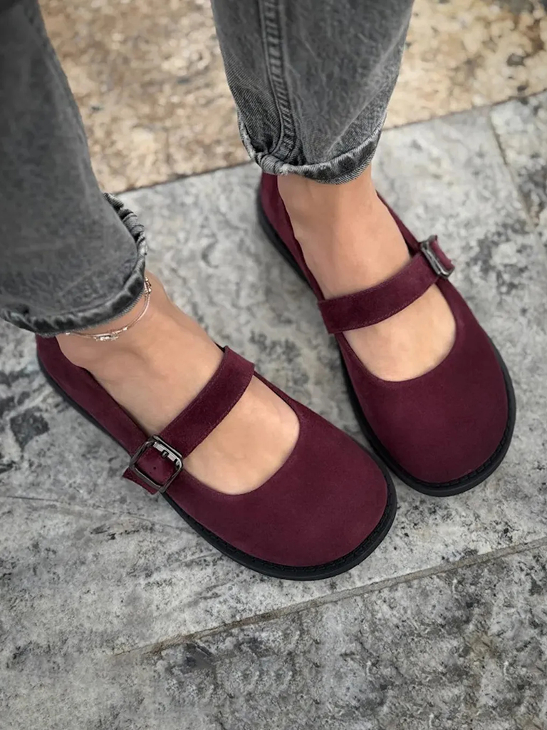 Red Velvet Rose Round Toe Buckle Strap Casual Shoes