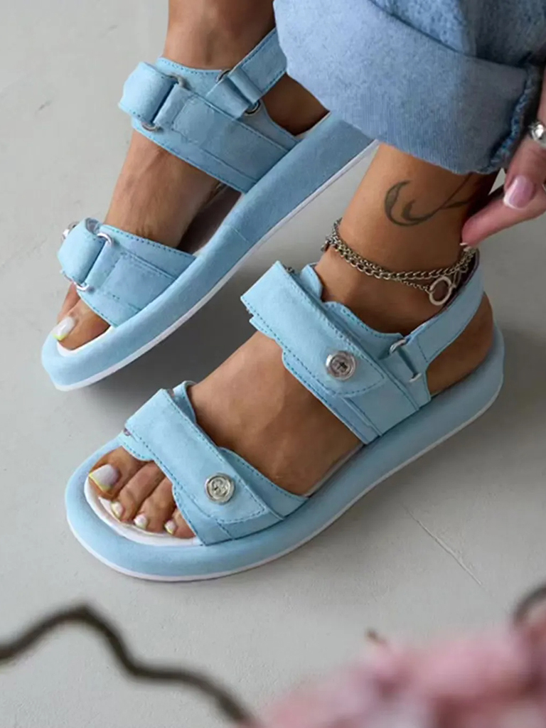 Glacier Blue Double Strap Velcro Metal Button Casual Sandals