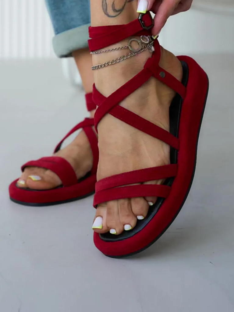 Swan Red Velvet Thin Strap Ballet Cross Casual Sandals