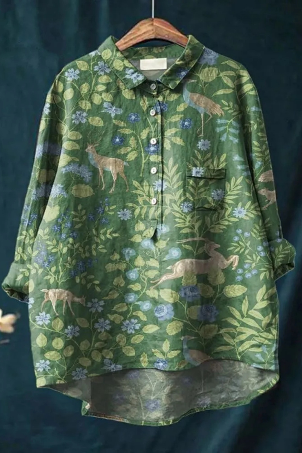 Women's Vintage Floral Animals Art Print Casual Cotton And Linen Shirt