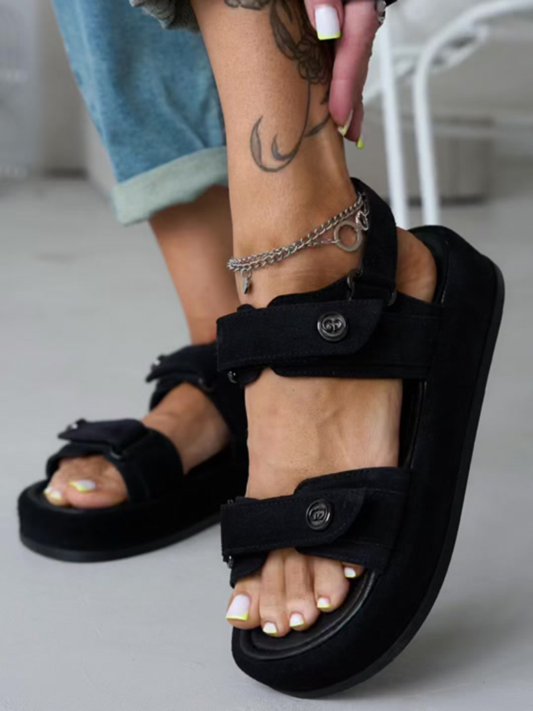 Classic Elegant Black Double Strap Velcro Metal Button Casual Sandals