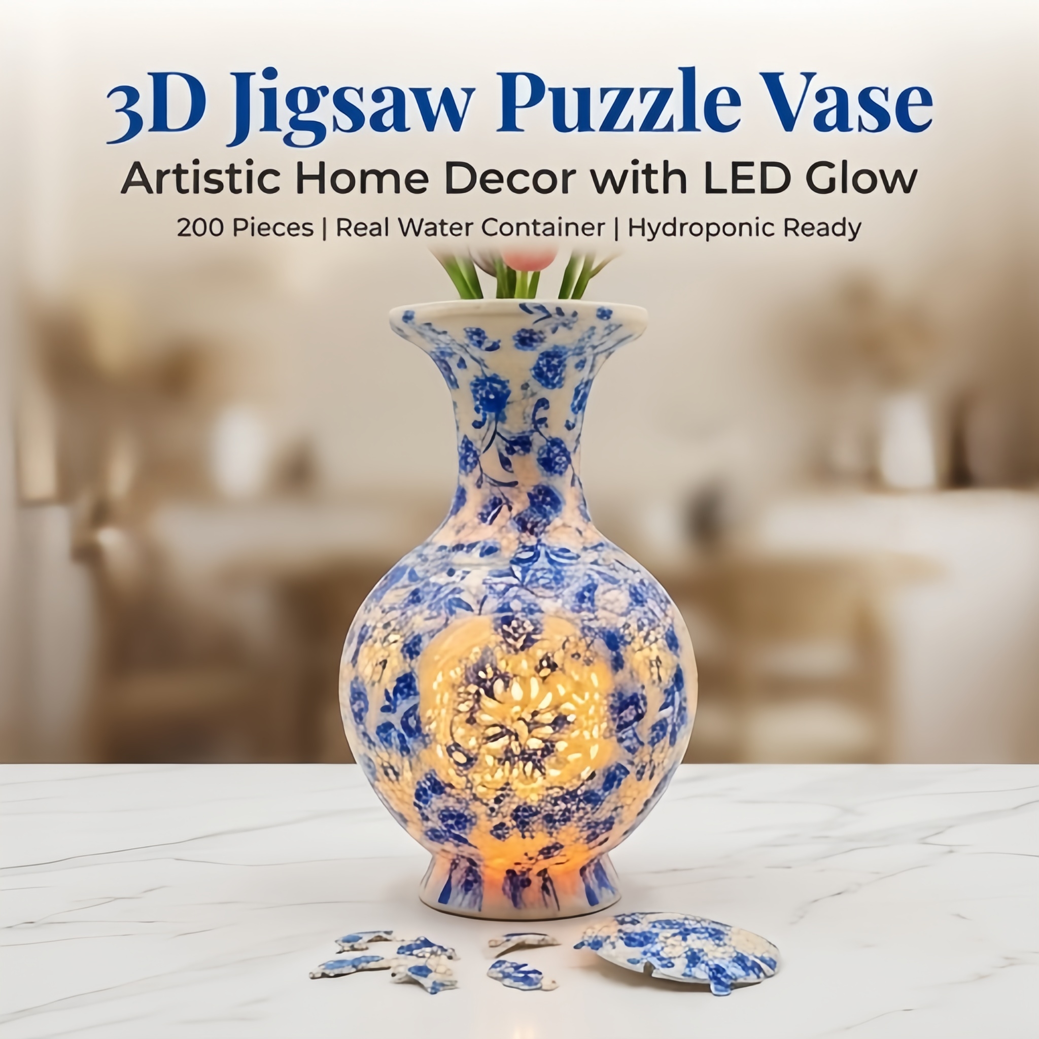 3D White and Blue Floral Style LED Light Puzzle Large Vase - (200Pieces)💡