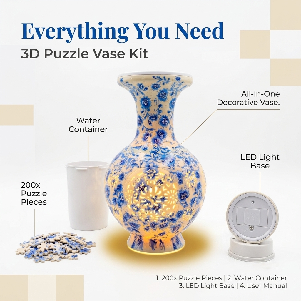 3D White and Blue Floral Style LED Light Puzzle Large Vase - (200Pieces)💡