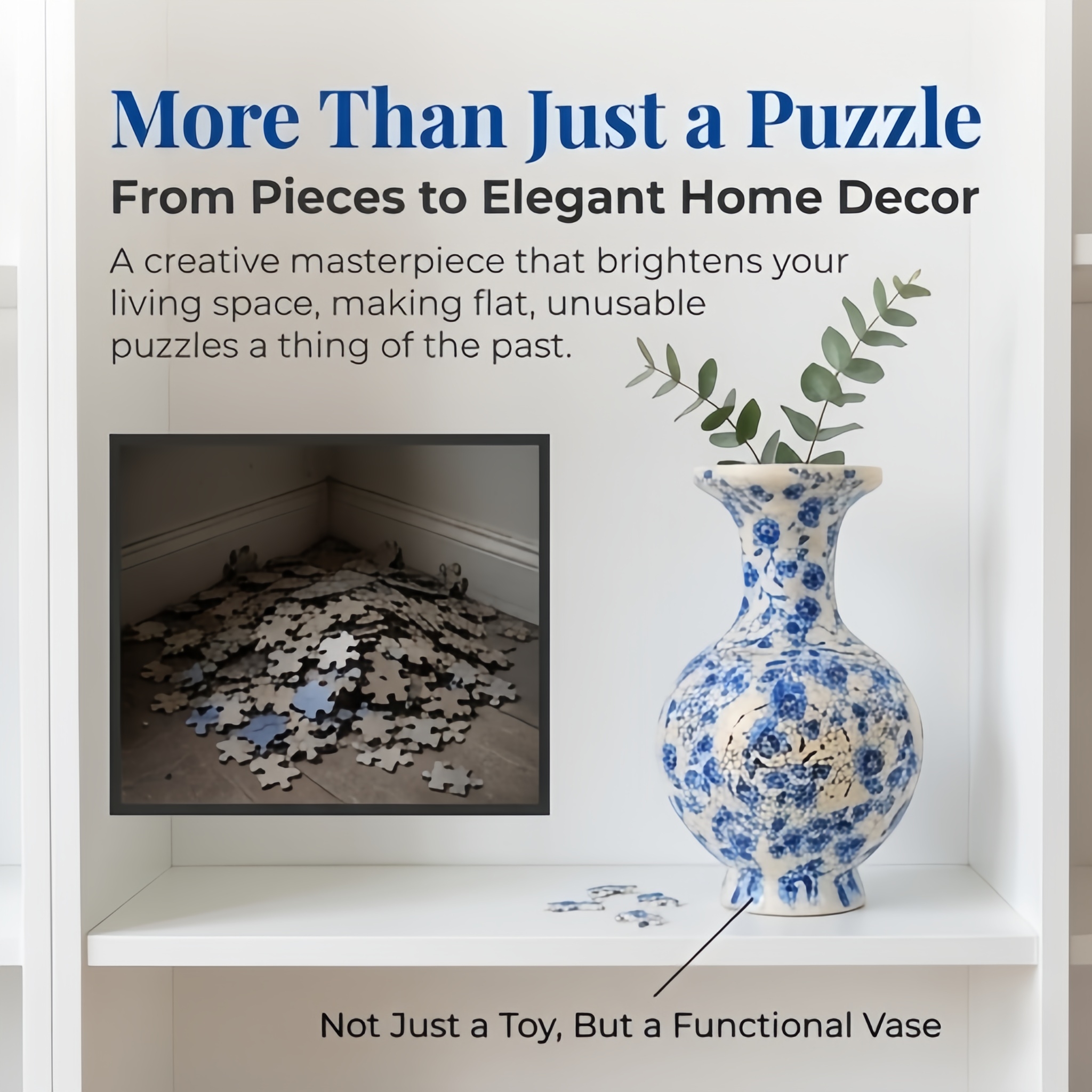 3D White and Blue Floral Style LED Light Puzzle Large Vase - (200Pieces)💡
