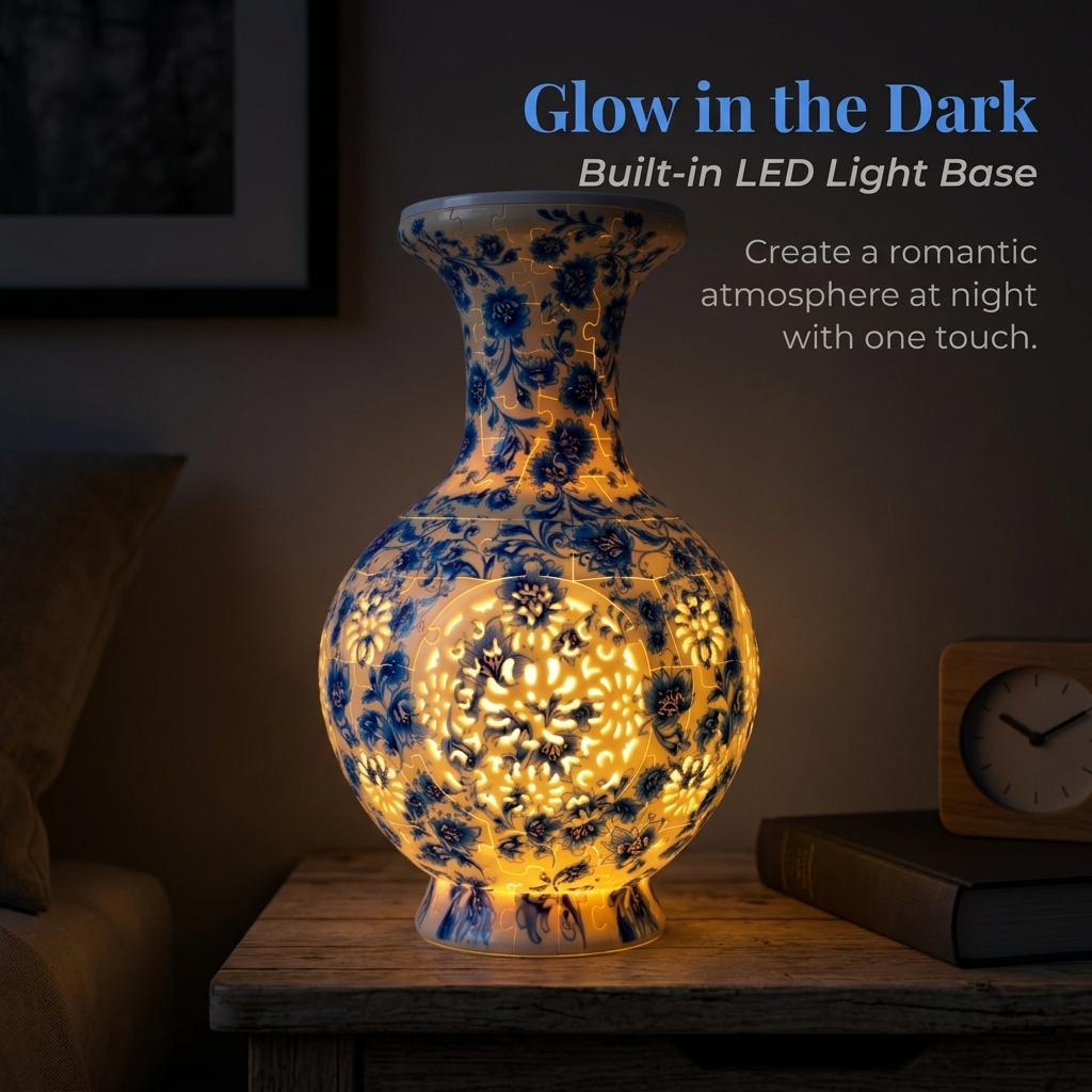 3D White and Blue Floral Style LED Light Puzzle Large Vase - (200Pieces)💡