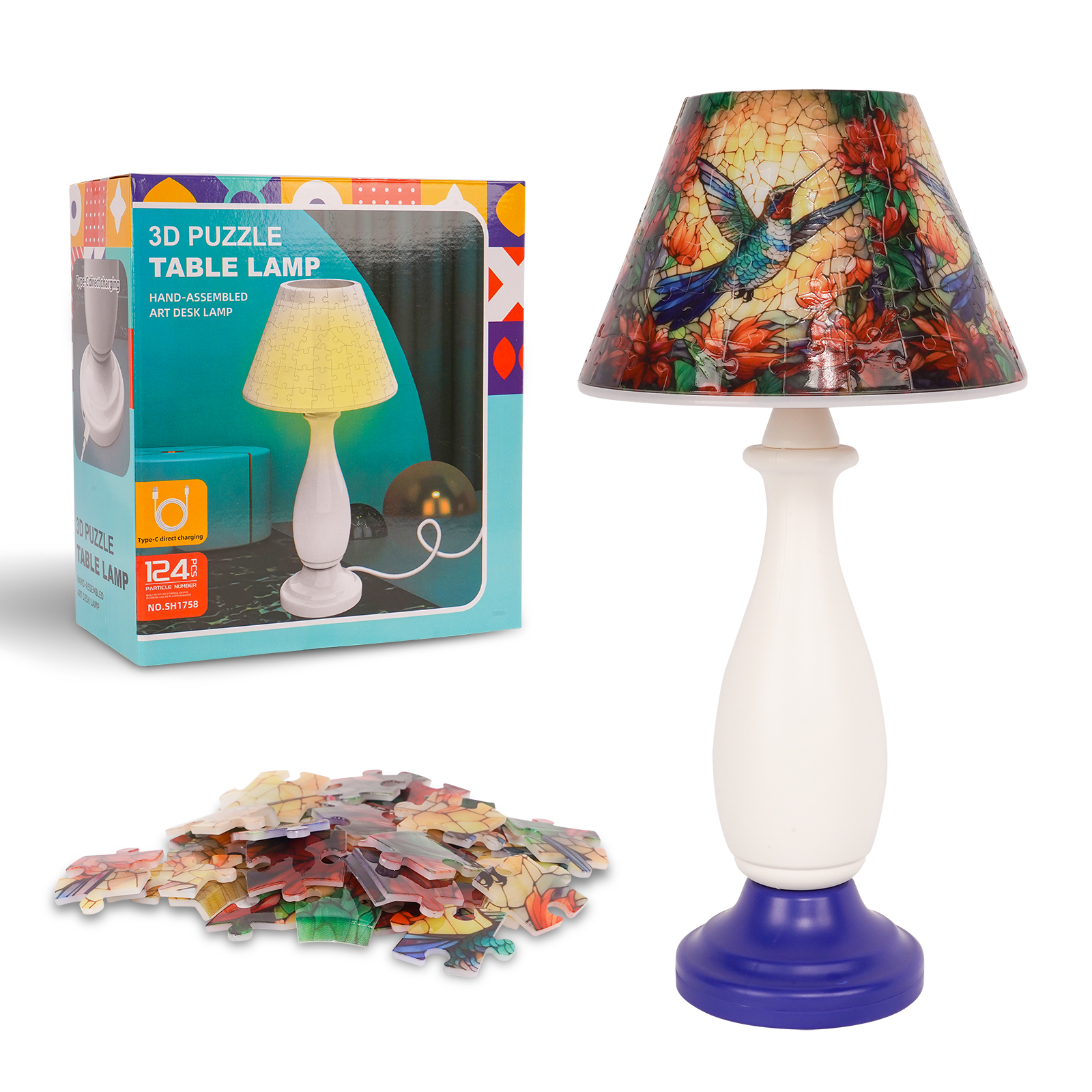 3D Retro Hummingbird Print Puzzle Table Lamp - (124 Pieces)💡