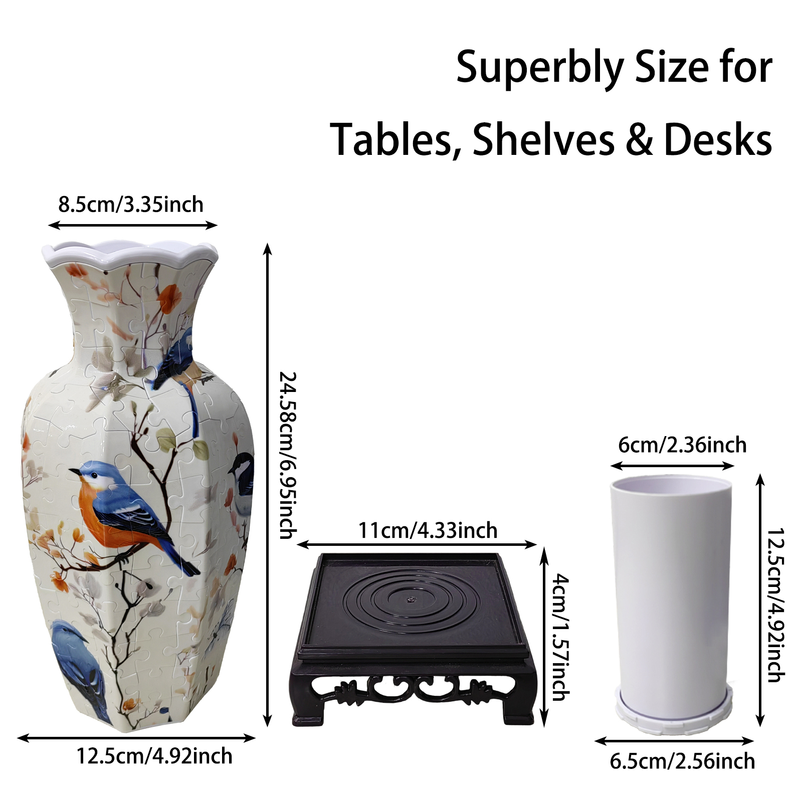 Blue Robin Flower Branch -Shaped Neck Long Vase Jigsaw Puzzle (164 Pieces)