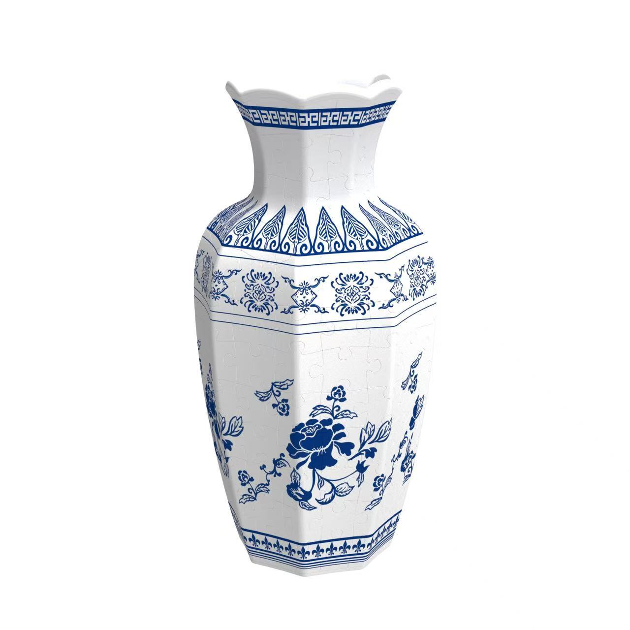 Blue White Orchid Vintage Floral Wavy-Shaped Neck Long Vase Jigsaw Puzzle (164 Pieces)